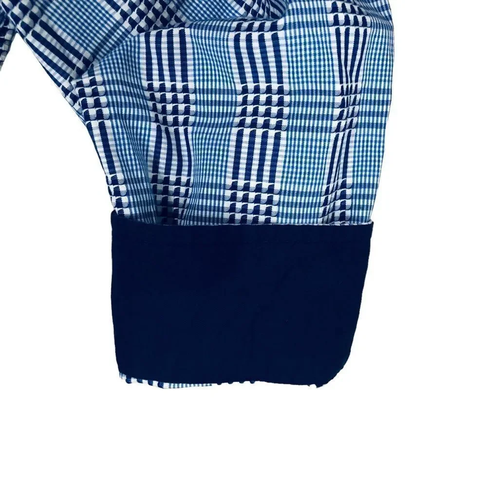 Tasso Elba Blue Plaid Buttons Down Long Sleeve Flip Cuff Sz M (15-151/2) Shirt